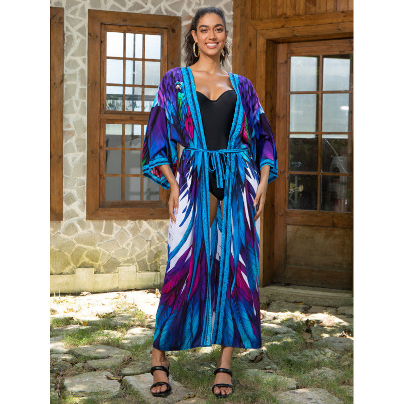 Ladies Shawl Kimono with Vibrant Feather Designs Ivyshape