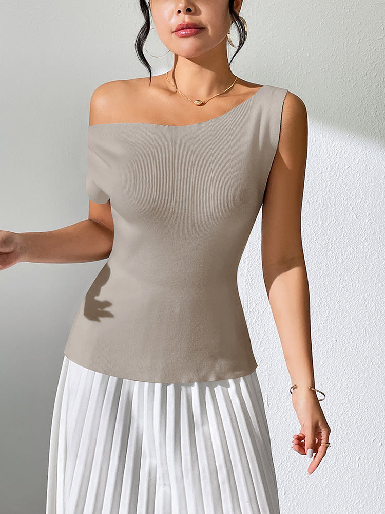 IvyShape | Solid color sleeveless top with off-the-shoulder knit design