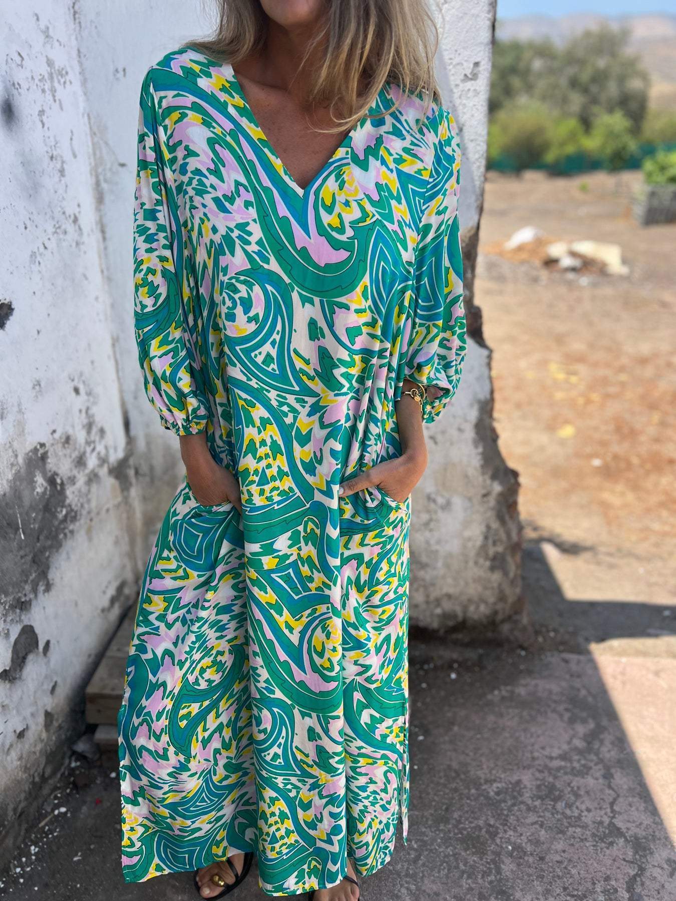 Women Long Sleeve Dress with V-Neck and Practical Pockets Ivyshape