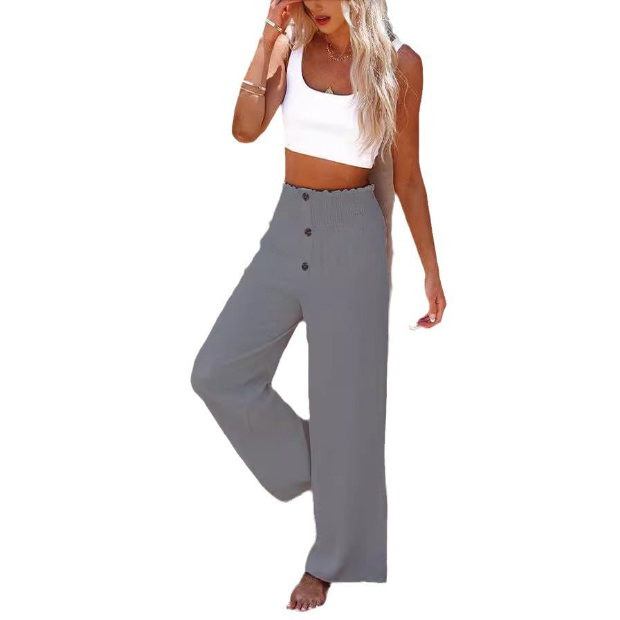 Ladies Wide High Waist Pants with Decorative Buttons Ivyshape