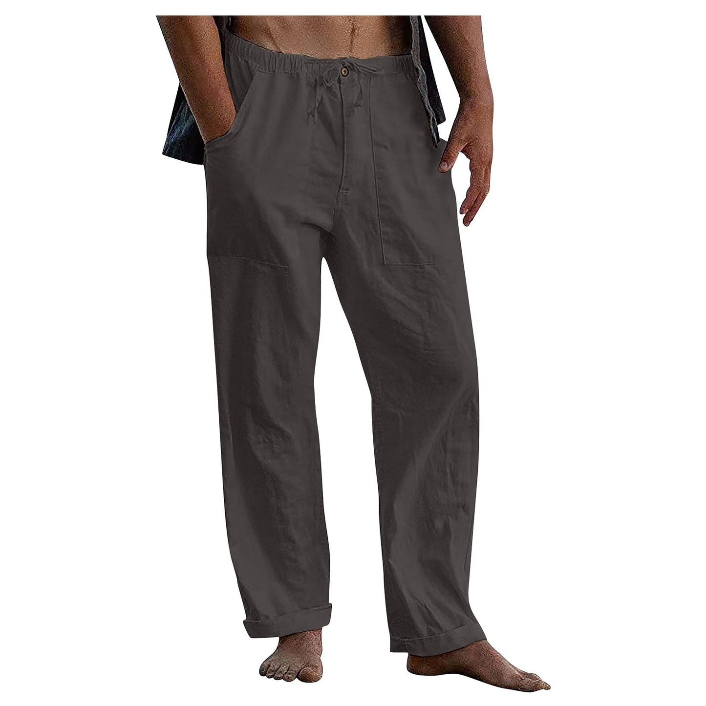Men's Relaxed Fit Linen Pants with Elastic Waistband and Practical Pockets Ivyshape