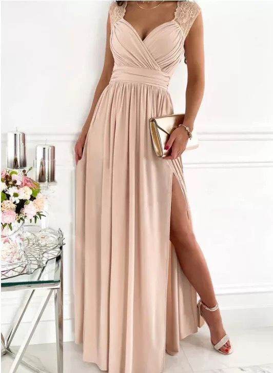 Ladies elegant evening dress with lace sleeves and high slit Ivyshape