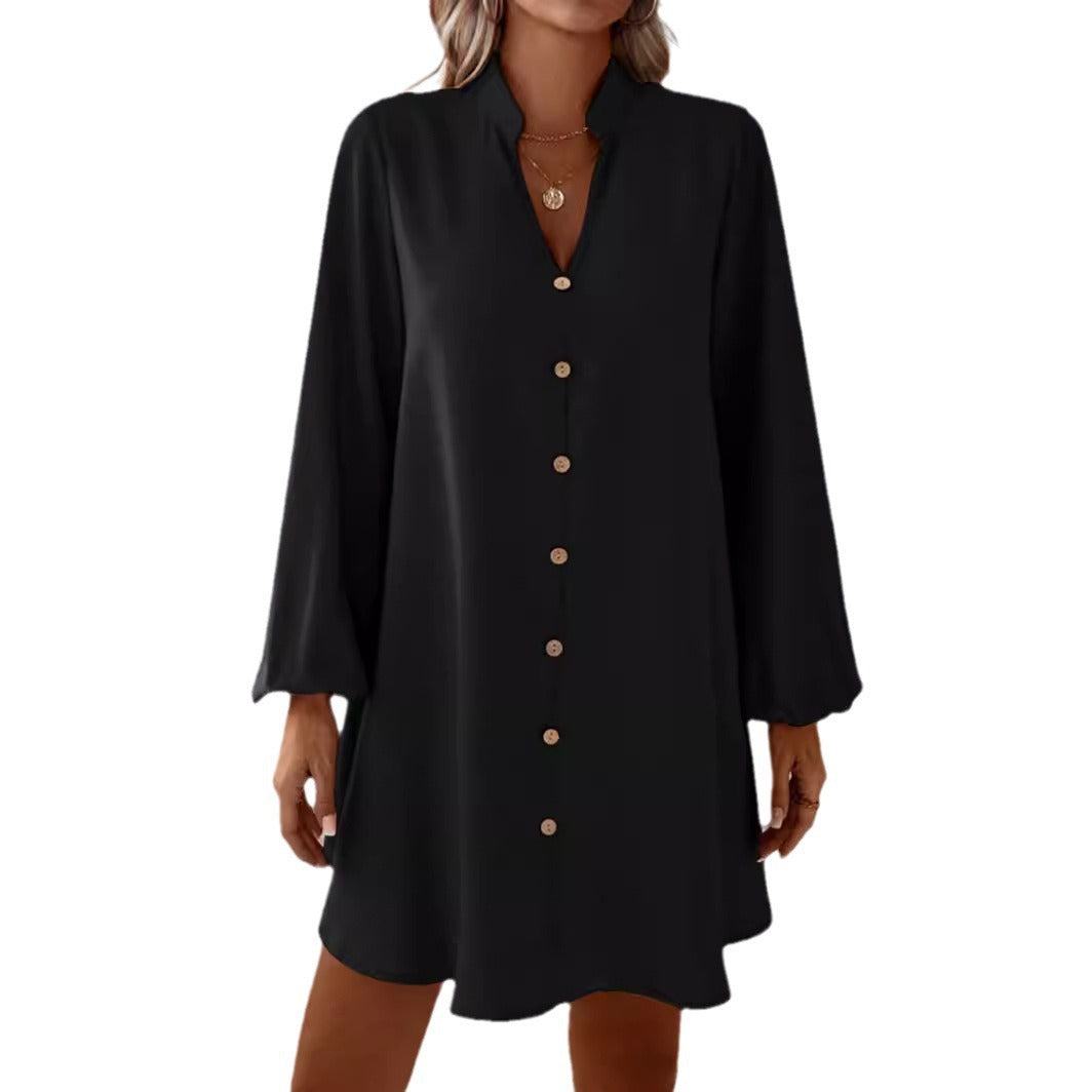 Women's short dress with button placket and elegant puff sleeves Ivyshape