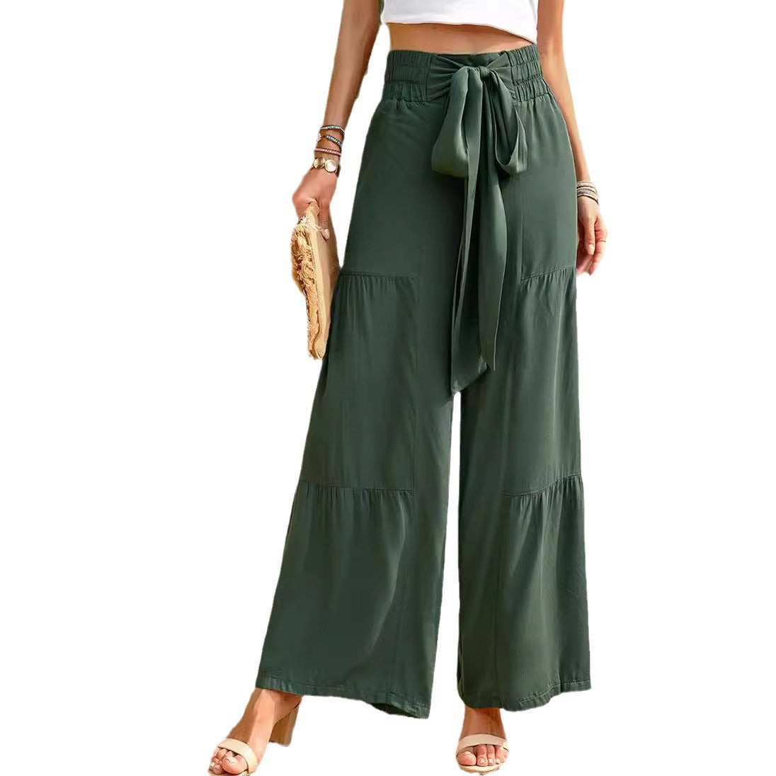 Women's loose Palazzo pants with waist lacing and practical pockets Ivyshape