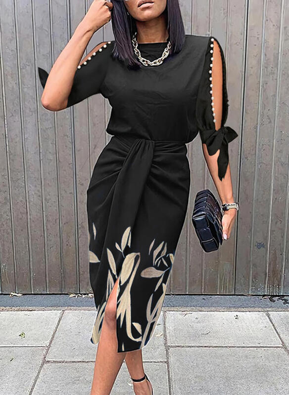 Elegant midi dress for women with stylish cut-out sleeves Ivyshape
