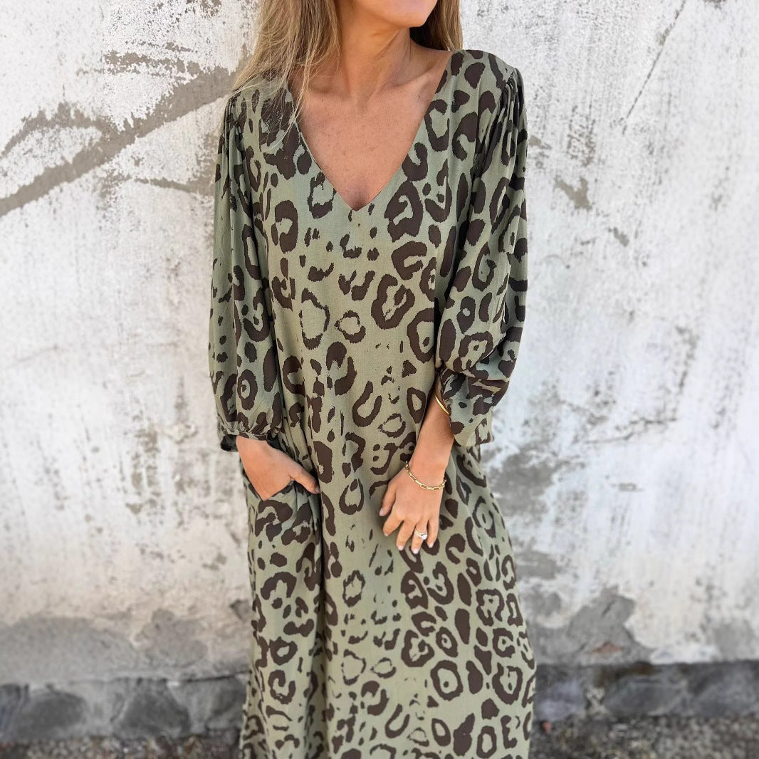 Ladies Long Sleeve Maxi Dress with Animal Print and Practical Pockets Ivyshape
