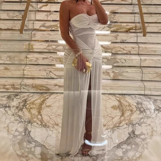 Women Elegant Strapless Maxi Dress with Ruffle Details and High Slit Ivyshape