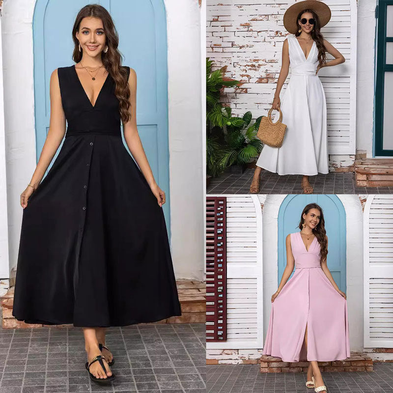 IvyShape | Sleeveless Deep V-Neck Buttoned Waist-Accentuating Maxi Dress