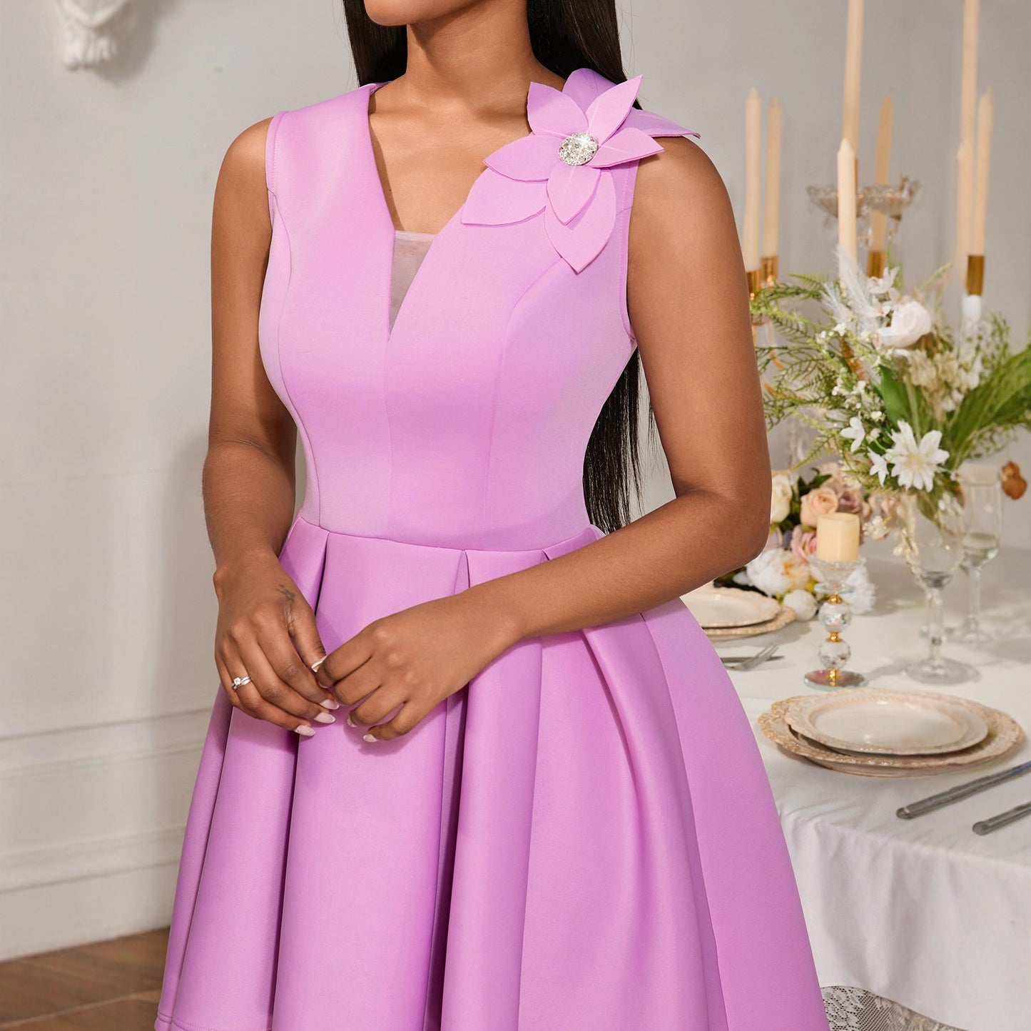 Women's festive skater dress with floral detail and flared hem Ivyshape