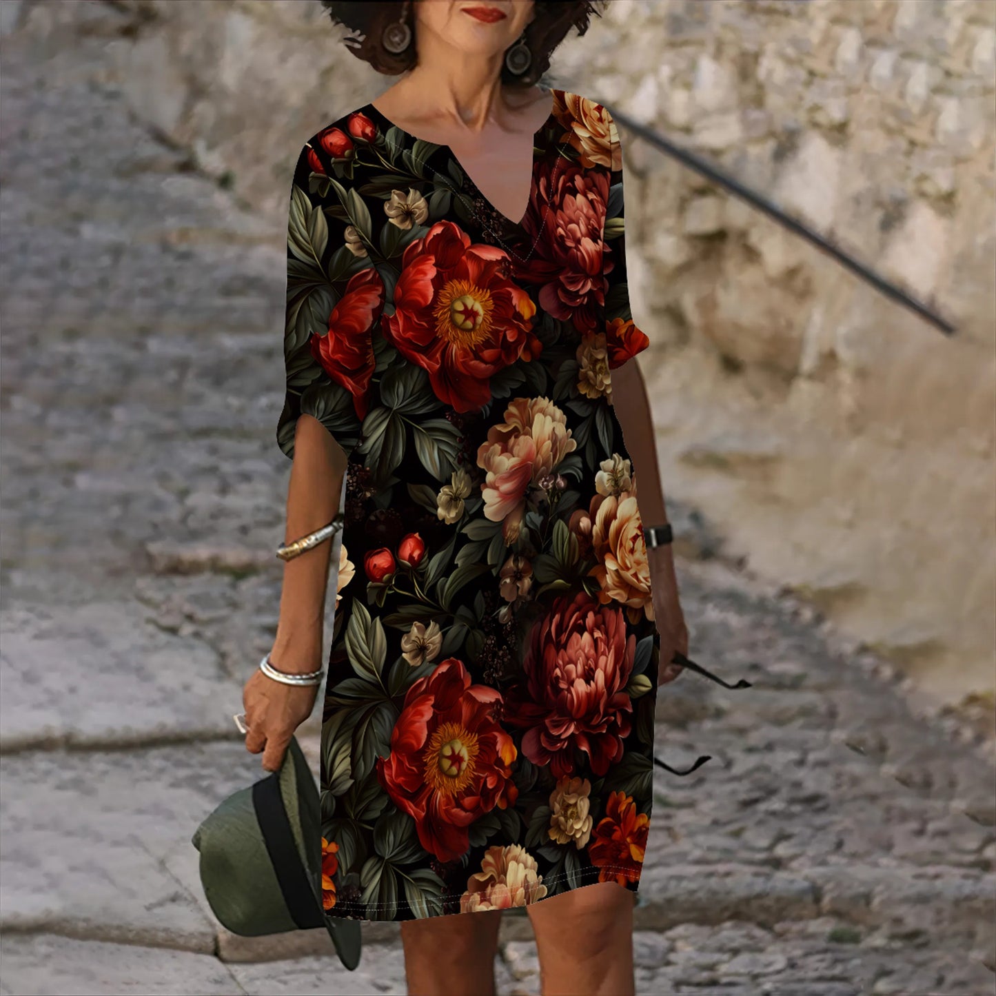 Ladies summer floral dress with V-neck and loose fit Ivyshape