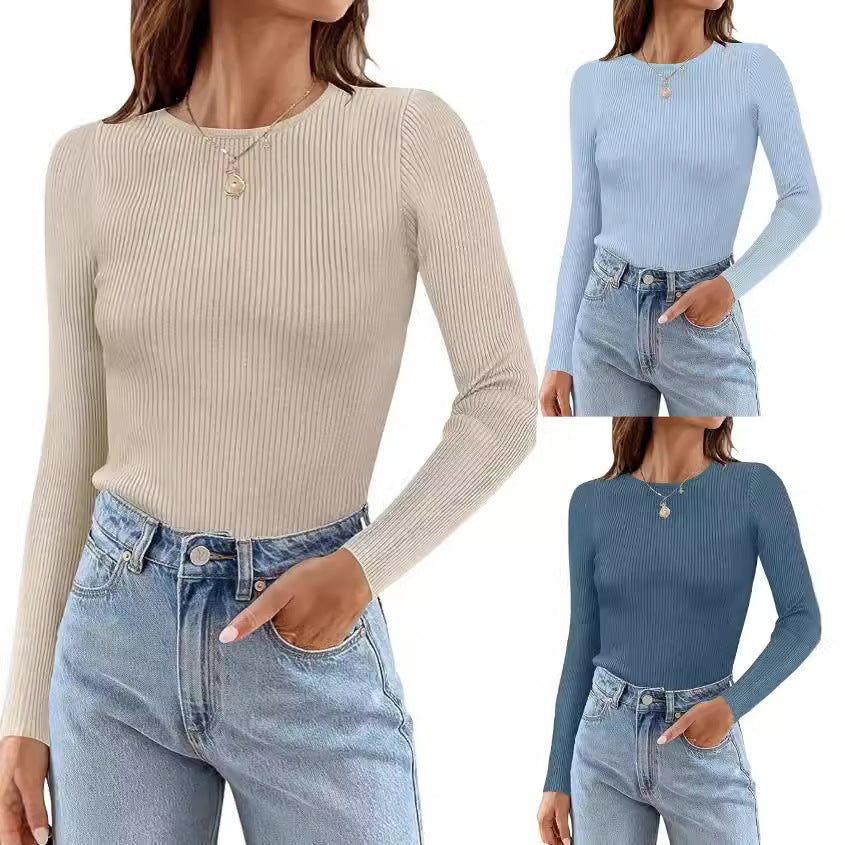 Women's Long Sleeve Shirt with Fine Ribbed Knit Design Ivyshape