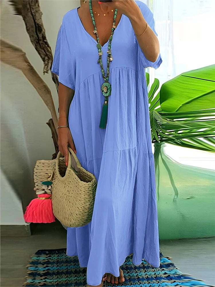 Women's airy boho maxi dress with flouncy hem and deep V-neck Ivyshape