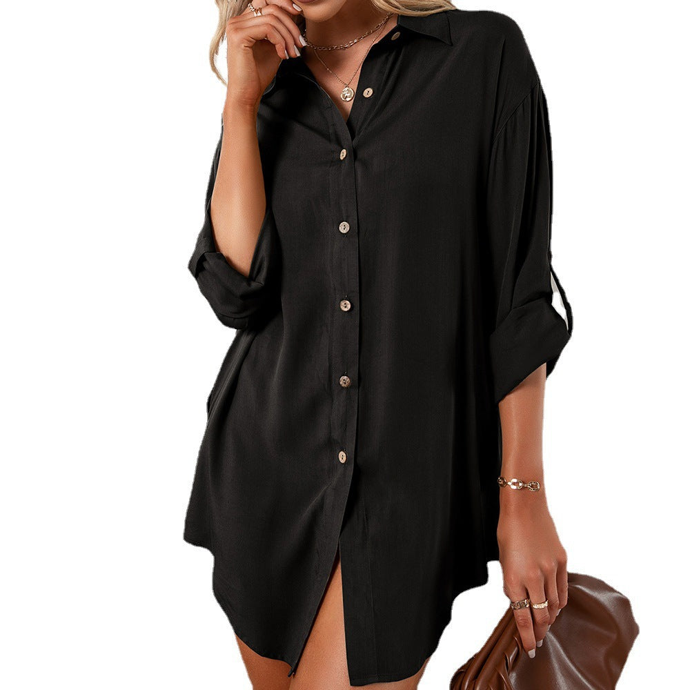 Ladies shirt dress made of lightweight cotton blend with button closure and long sleeves Ivyshape