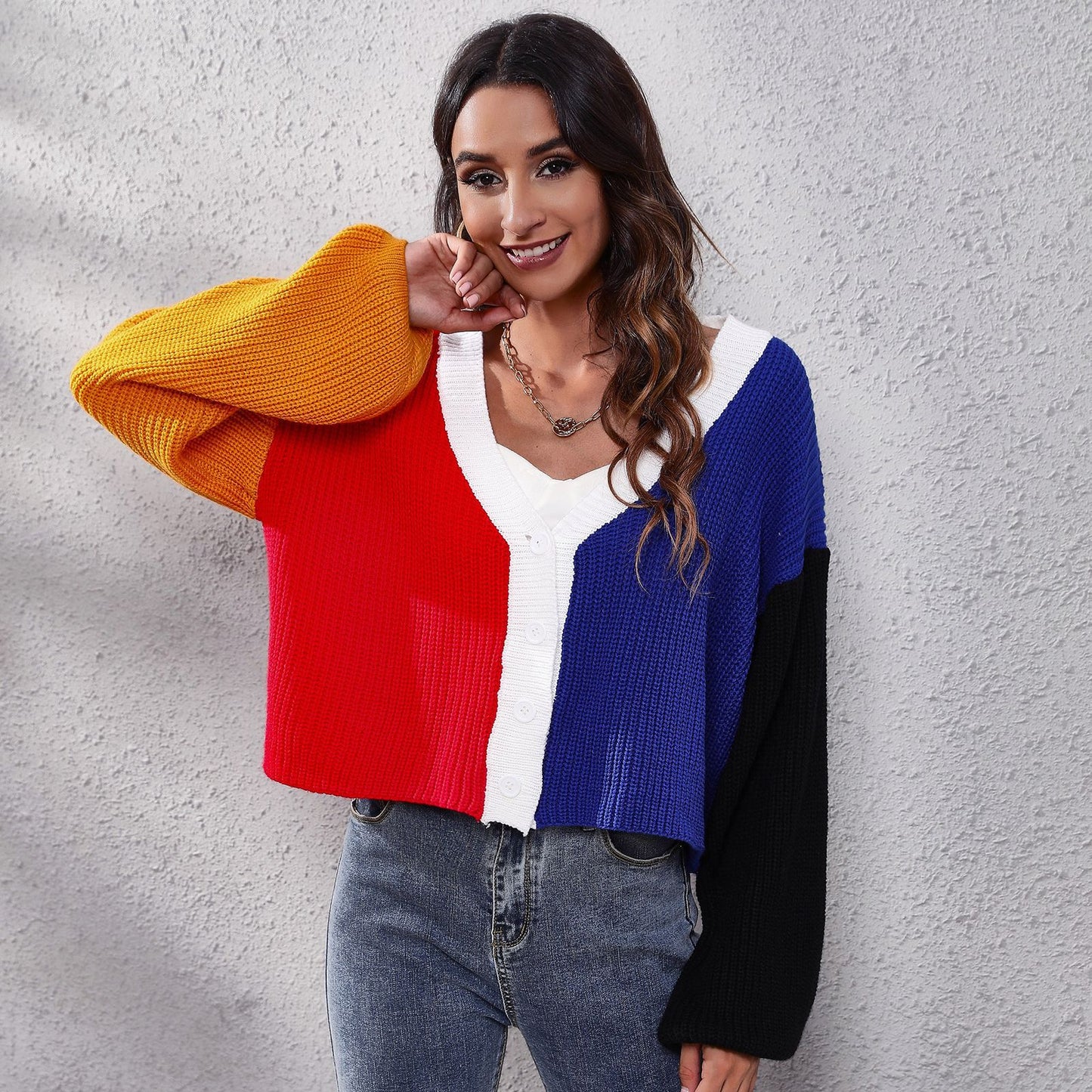 Women's Modern Knitted Cardigan with Colorful Block Stripes and V-Neck Ivyshape