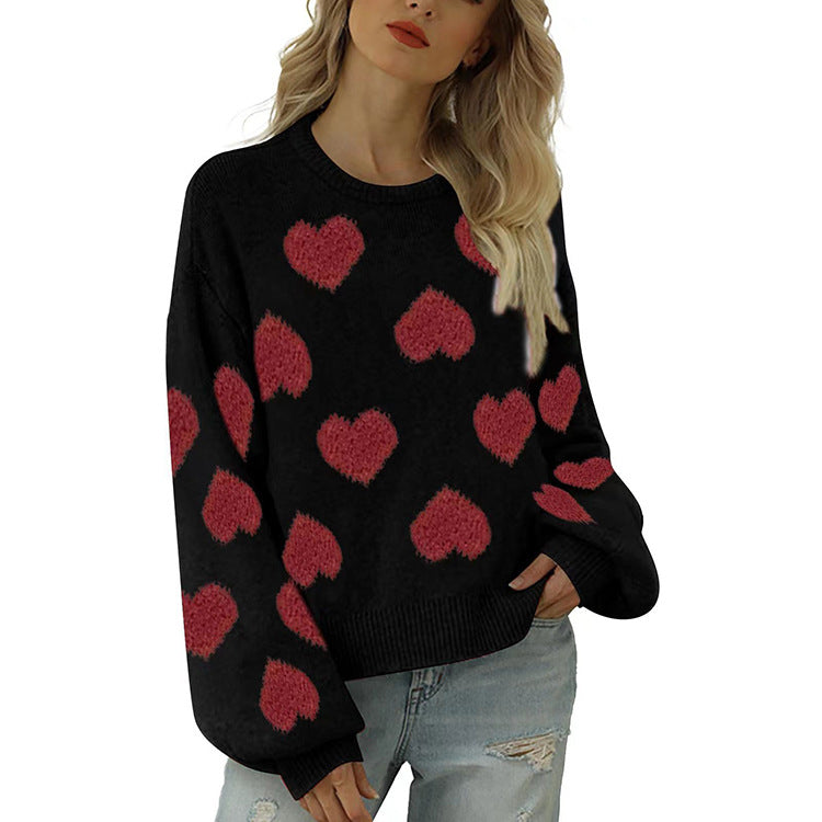 IvyShape | Puff sleeve heart jacquard pullover sweater