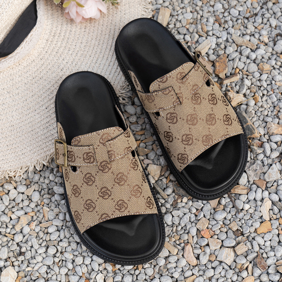 Women Embossed Comfort Slippers with Adjustable Buckle Closure Ivyshape