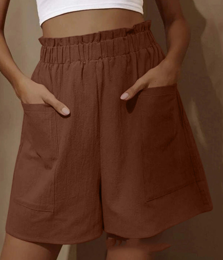 Women's casual linen shorts with elastic waist drawstring and practical side pockets Ivyshape