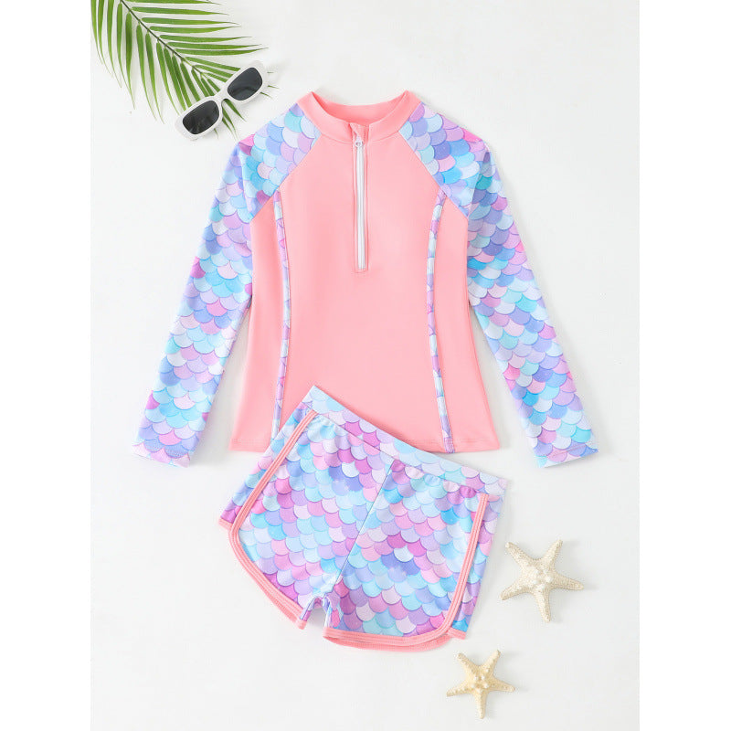 Ladies UV protection swimsuit set with zipper and stylish mermaid pattern Ivyshape