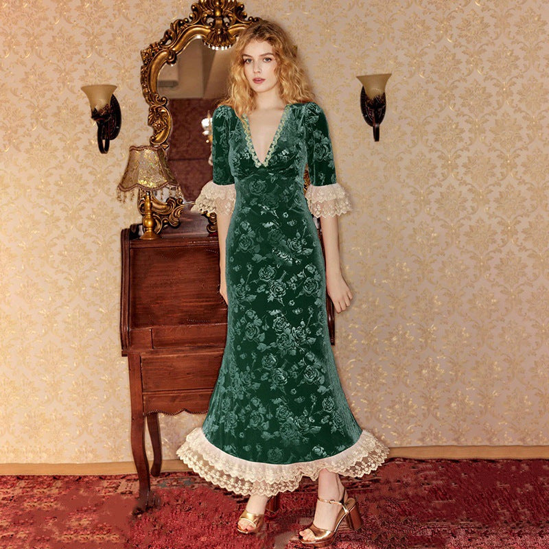 Women Elegant Velvet Dress with Lace Sleeves and Floral Pattern Ivyshape