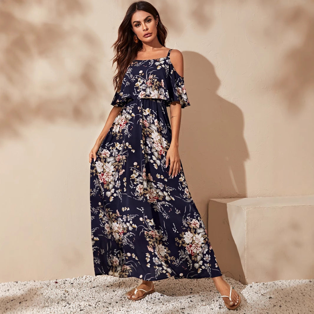 Women's maxi dress with off-shoulder design and floral pattern Ivyshape