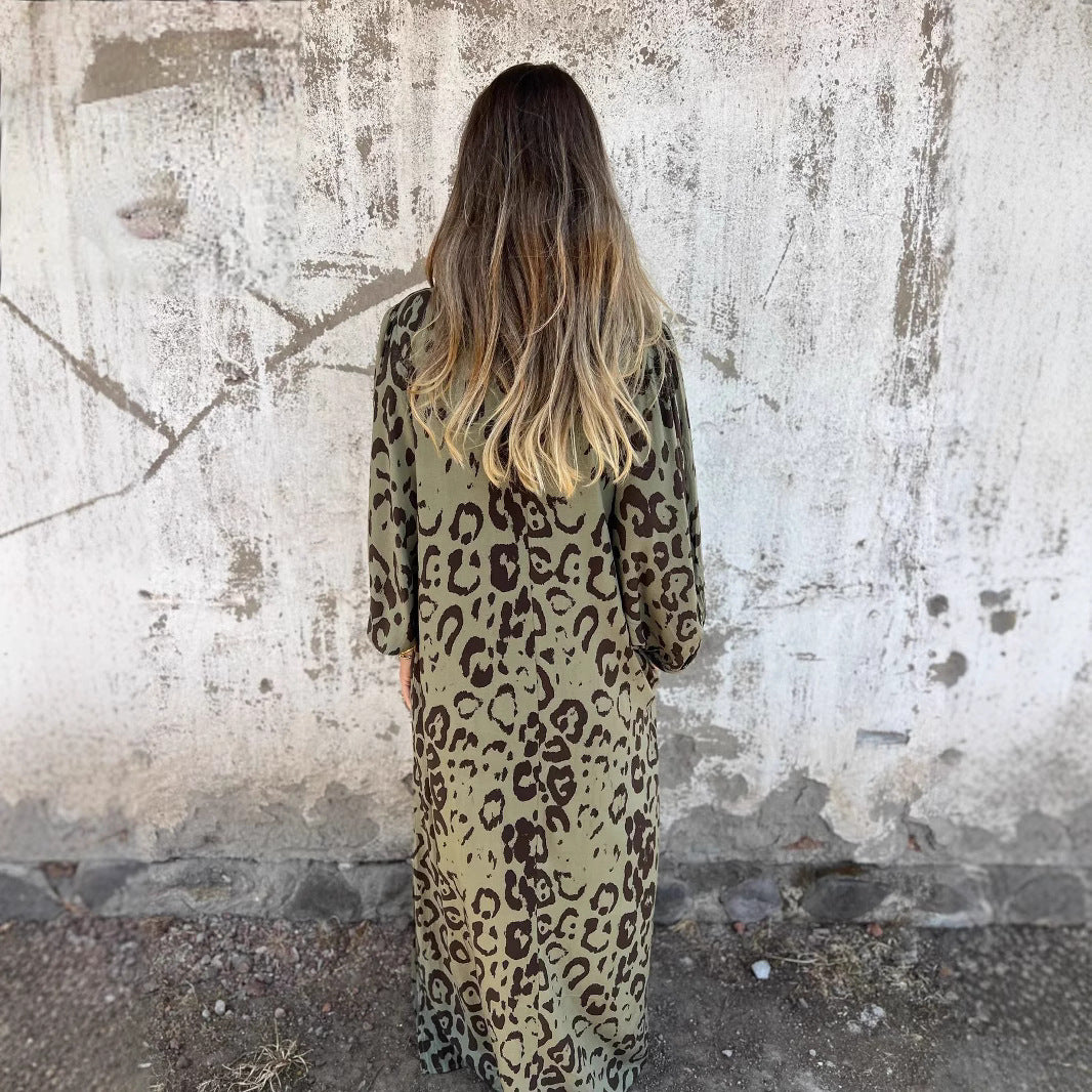 Ladies Long Sleeve Maxi Dress with Animal Print and Practical Pockets Ivyshape