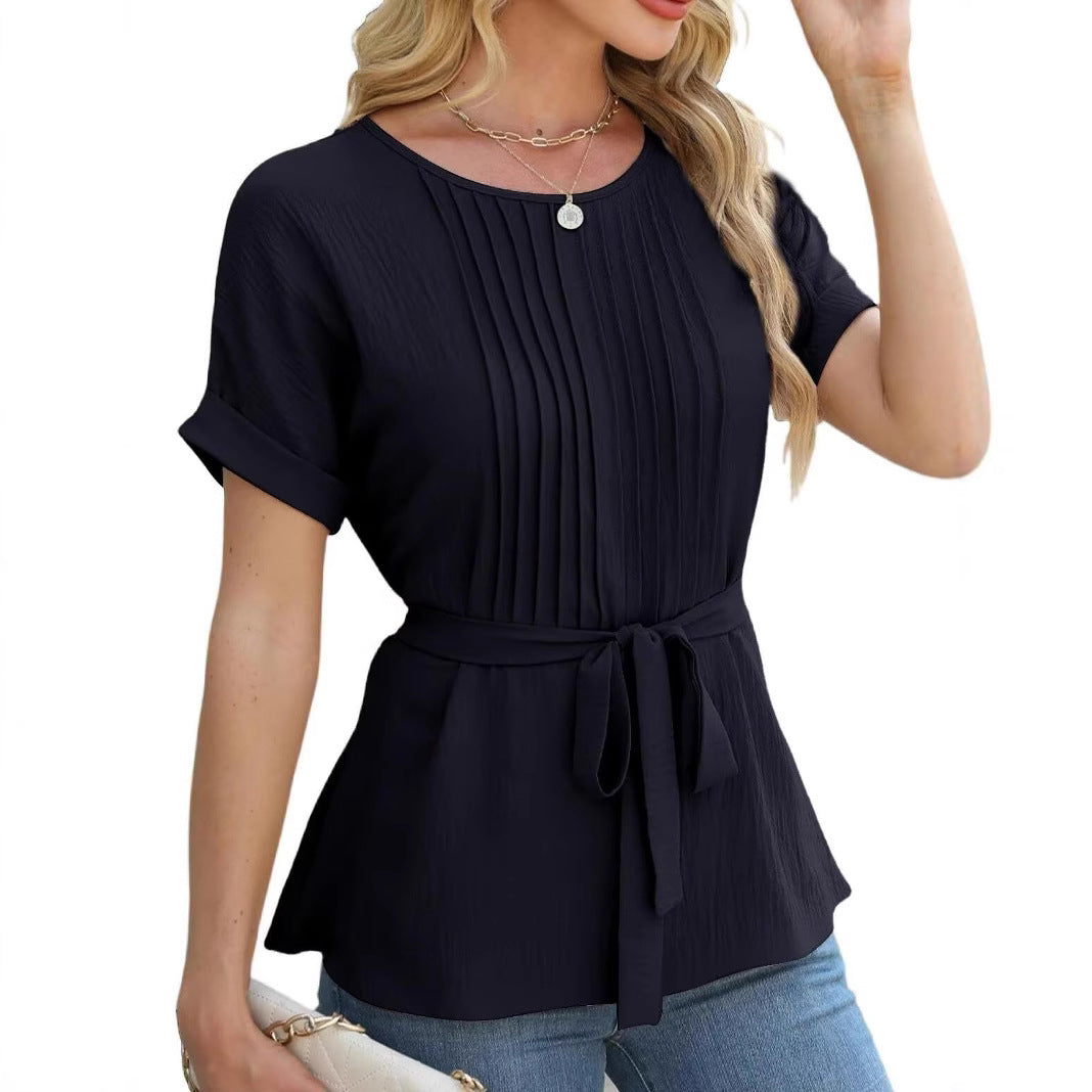 Ladies elegant shirt with pleated details and fitted belt Ivyshape