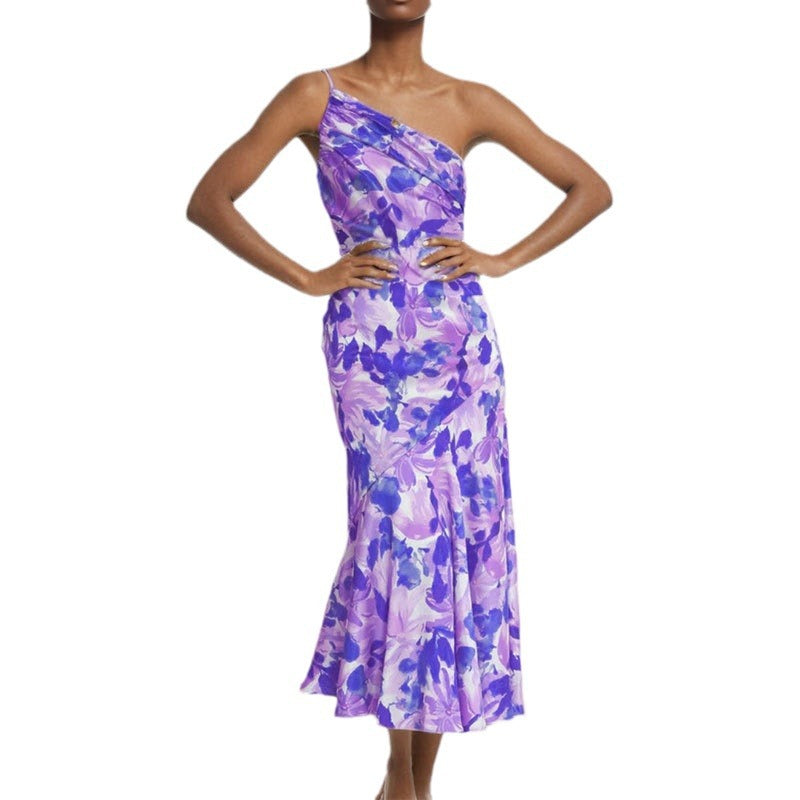 IvyShape | Asymmetric Neck Strap Mermaid Print Dress