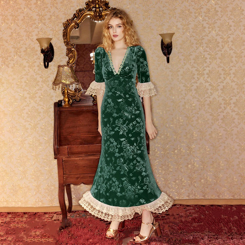 Women Elegant Velvet Dress with Lace Sleeves and Floral Pattern Ivyshape