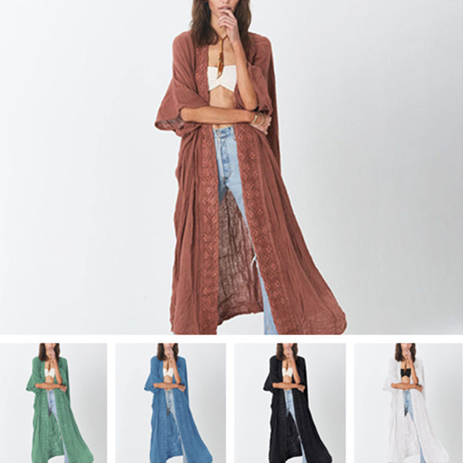 Women's long, airy wrap robe with fine lace appliqués Ivyshape