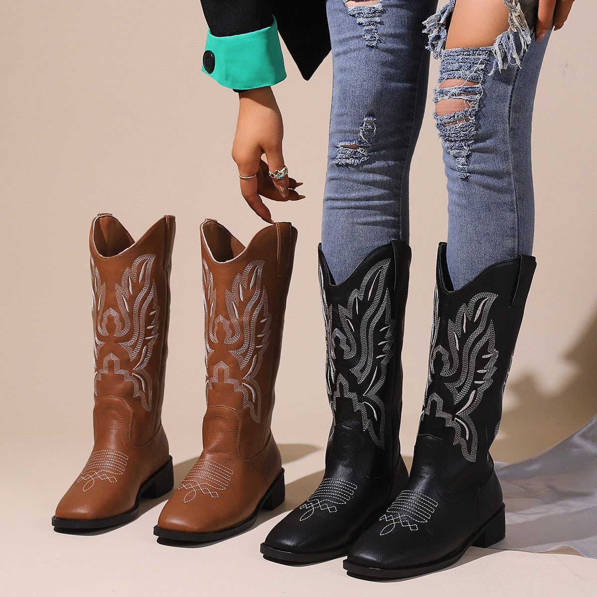 Ladies cowboy boots with stylish embroidery and comfortable rubber sole Ivyshape