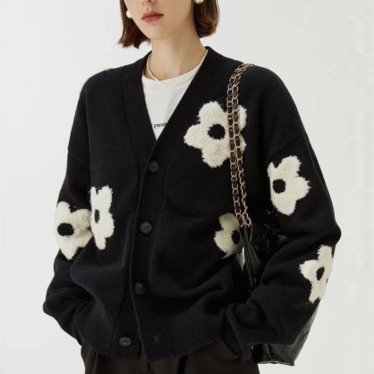 Women Fashionable Knitted Cardigan with Floral Applications Ivyshape
