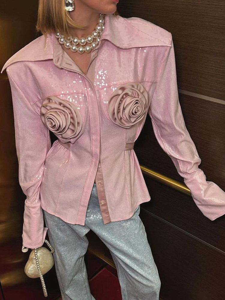 Women Glamorous Blouse with 3D Rose Applications and Glitter Ivyshape