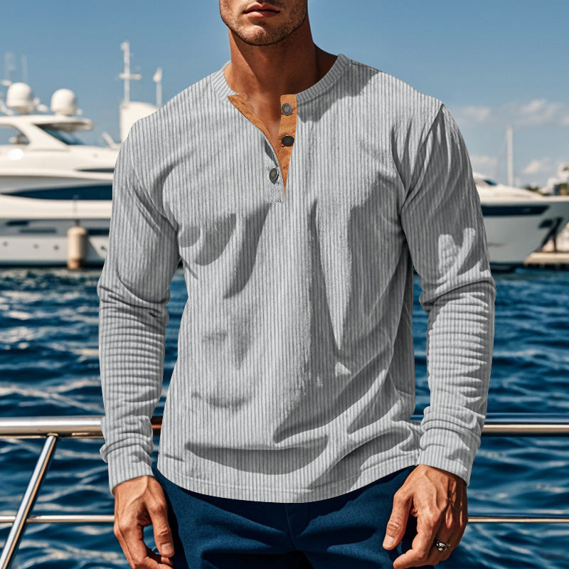 Men's Long Sleeve Henley Shirt with Textured Design and Button Details Ivyshape
