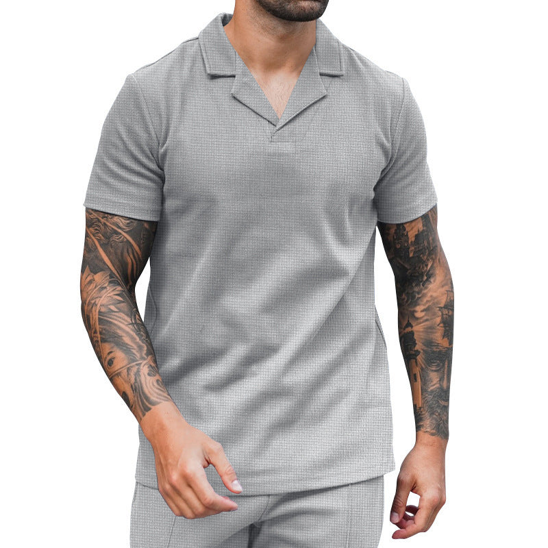 Men's short sleeve shirt with classic Henley neckline and textured surface Ivyshape