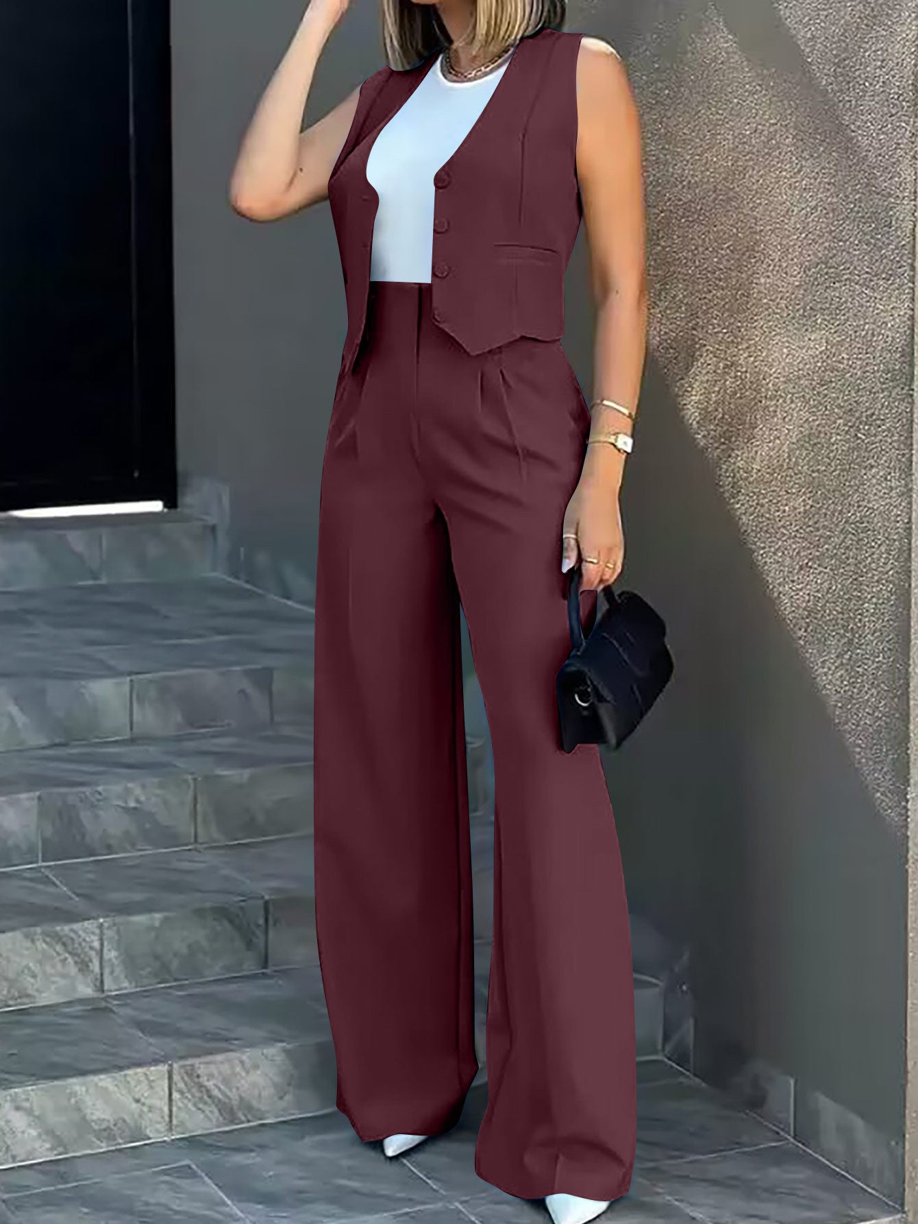 Women Elegant Two-Piece Set with Tailored Blazer and Wide Leg Pants Ivyshape