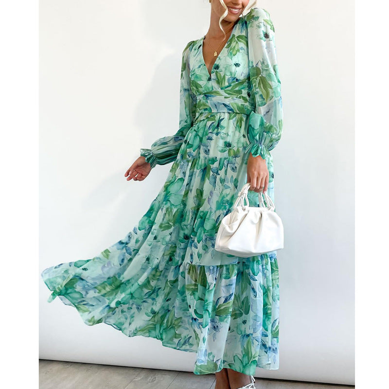 Ivyshape | Women’s Printed V-Neck Long Sleeve Summer Maxi Dress