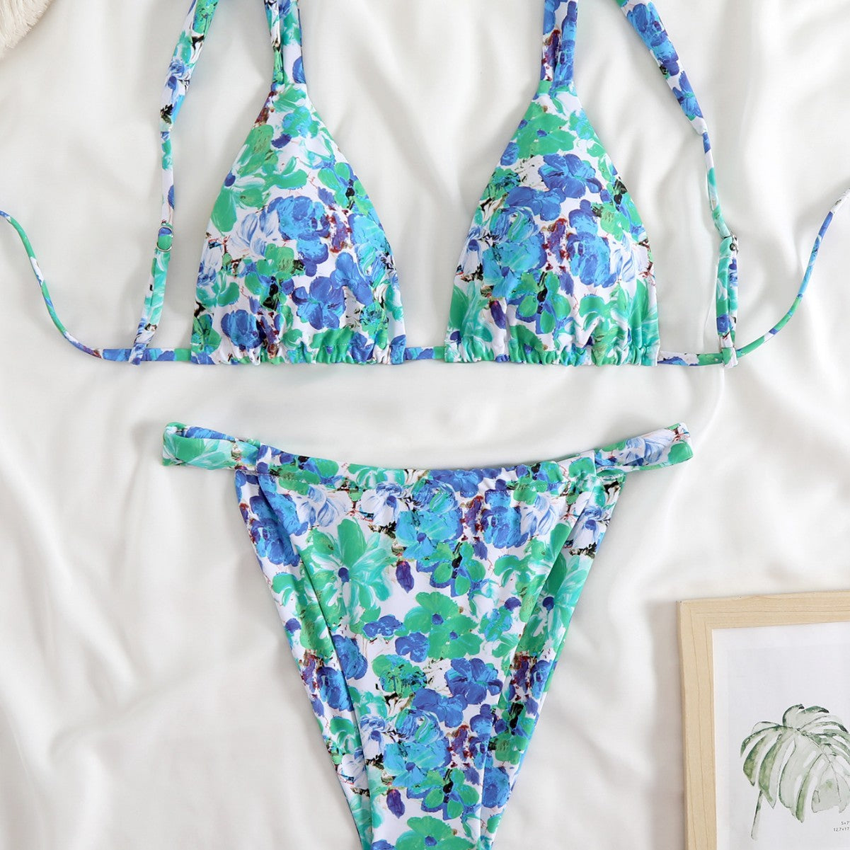 Women's triangle bikini with exotic animal print and adjustable tie straps Ivyshape