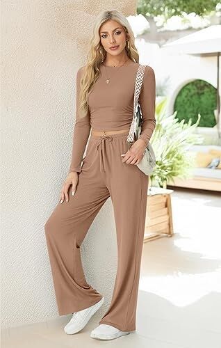 Ladies casual two-piece set with wide pants design Ivyshape