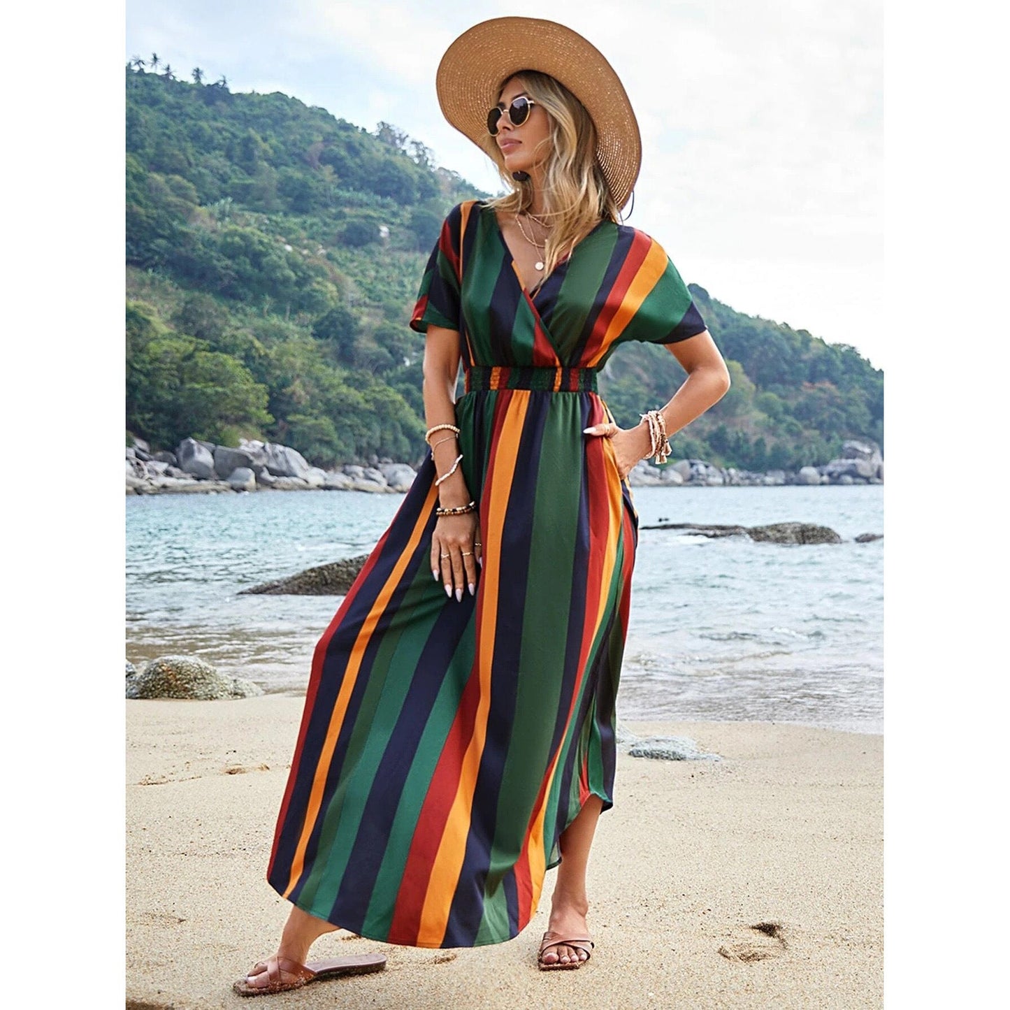 IvyShape | Striped Elastic Waist Seaside Beach Dress