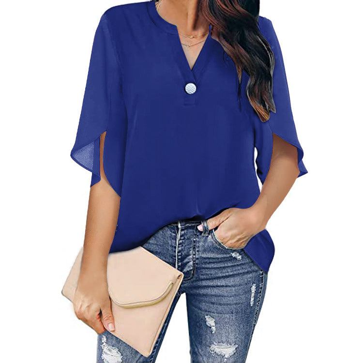 Ladies Fashion Blouse with Elegant Short Sleeves and V-Neck Ivyshape