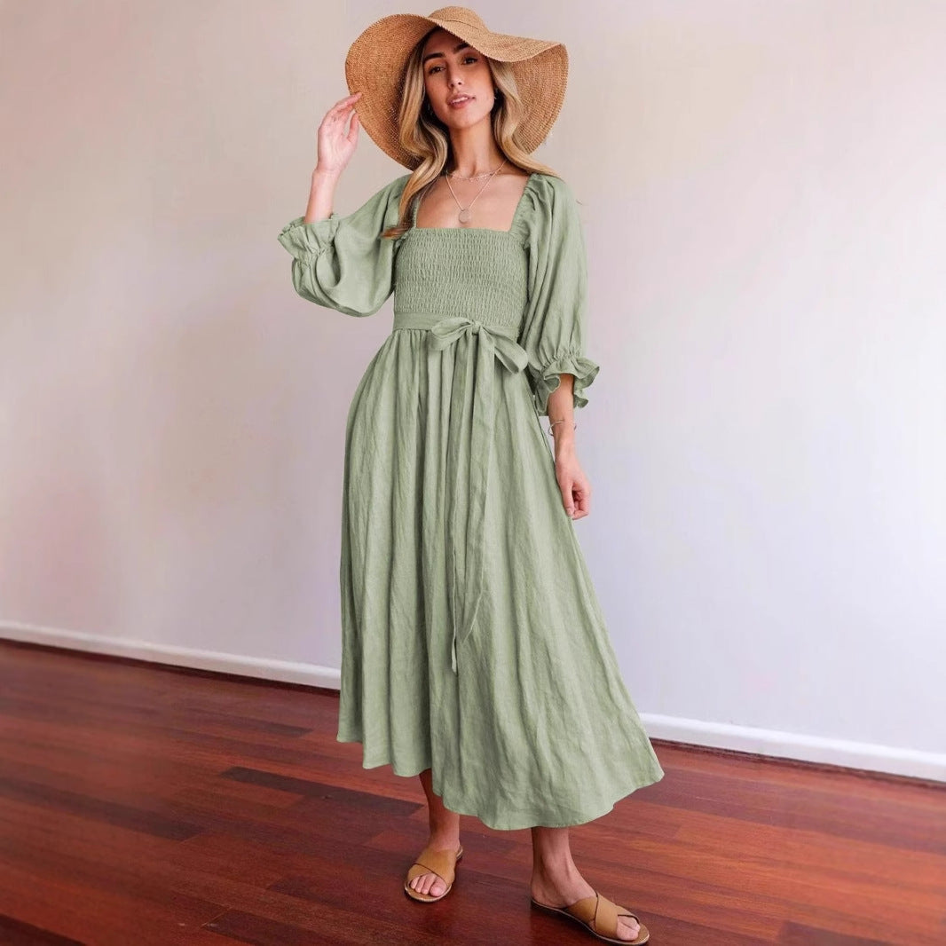 Women elegant, tailored maxi dress with puff sleeves and tie belt Ivyshape