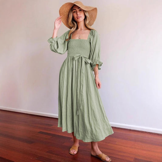 Women elegant, tailored maxi dress with puff sleeves and tie belt Ivyshape