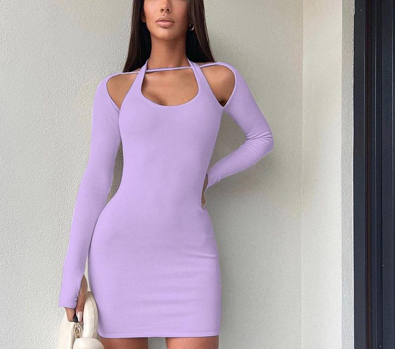 Women One-Sided Open Mini Dress with Long Sleeve Ivyshape