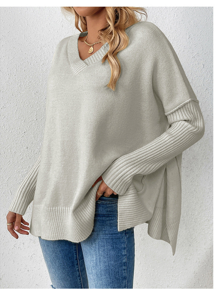 IvyShape | V-Neck Split Long Sleeve Knit Sweater