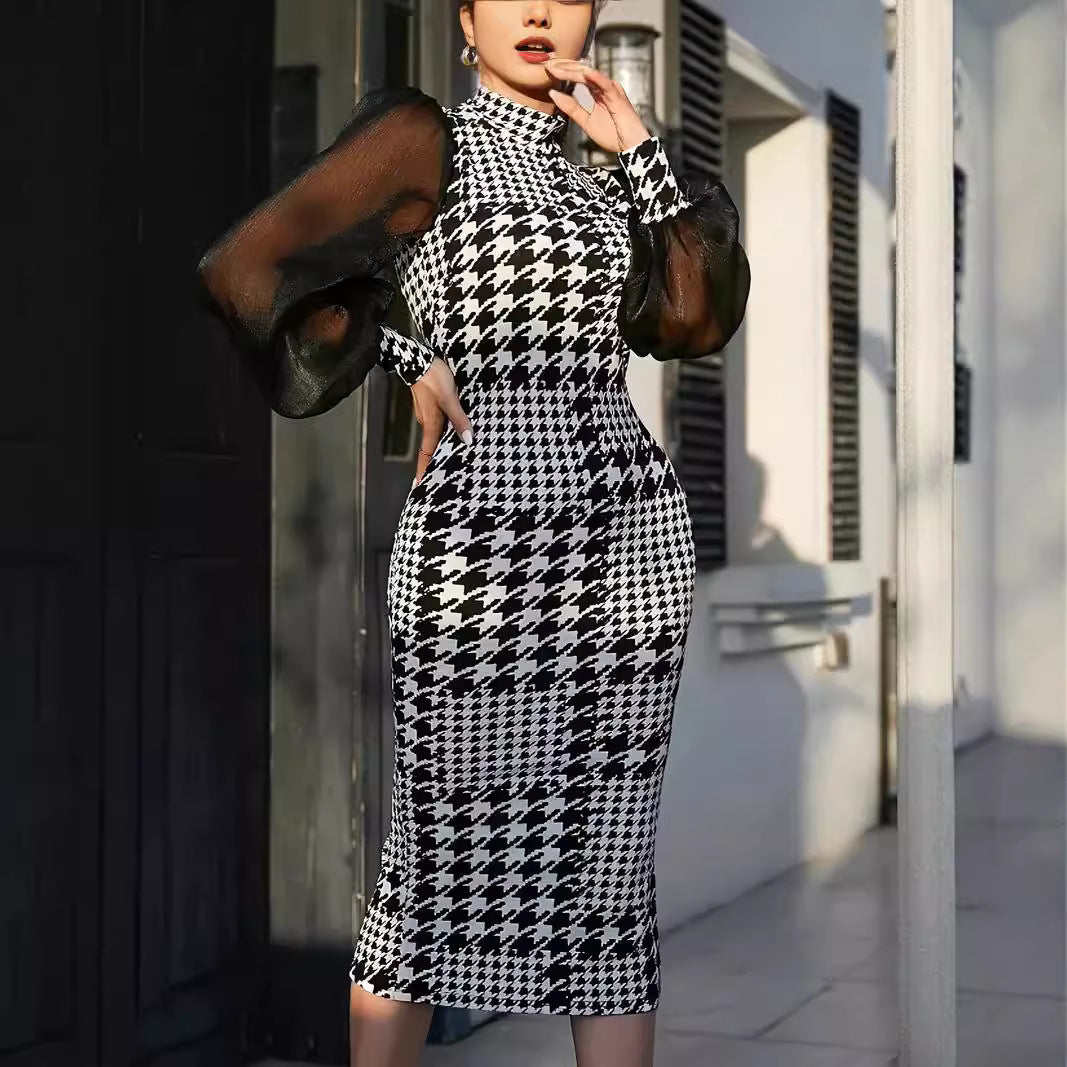 Women's Elegant Jumpsuit with Transparent Puff Sleeves and Houndstooth Pattern Ivyshape