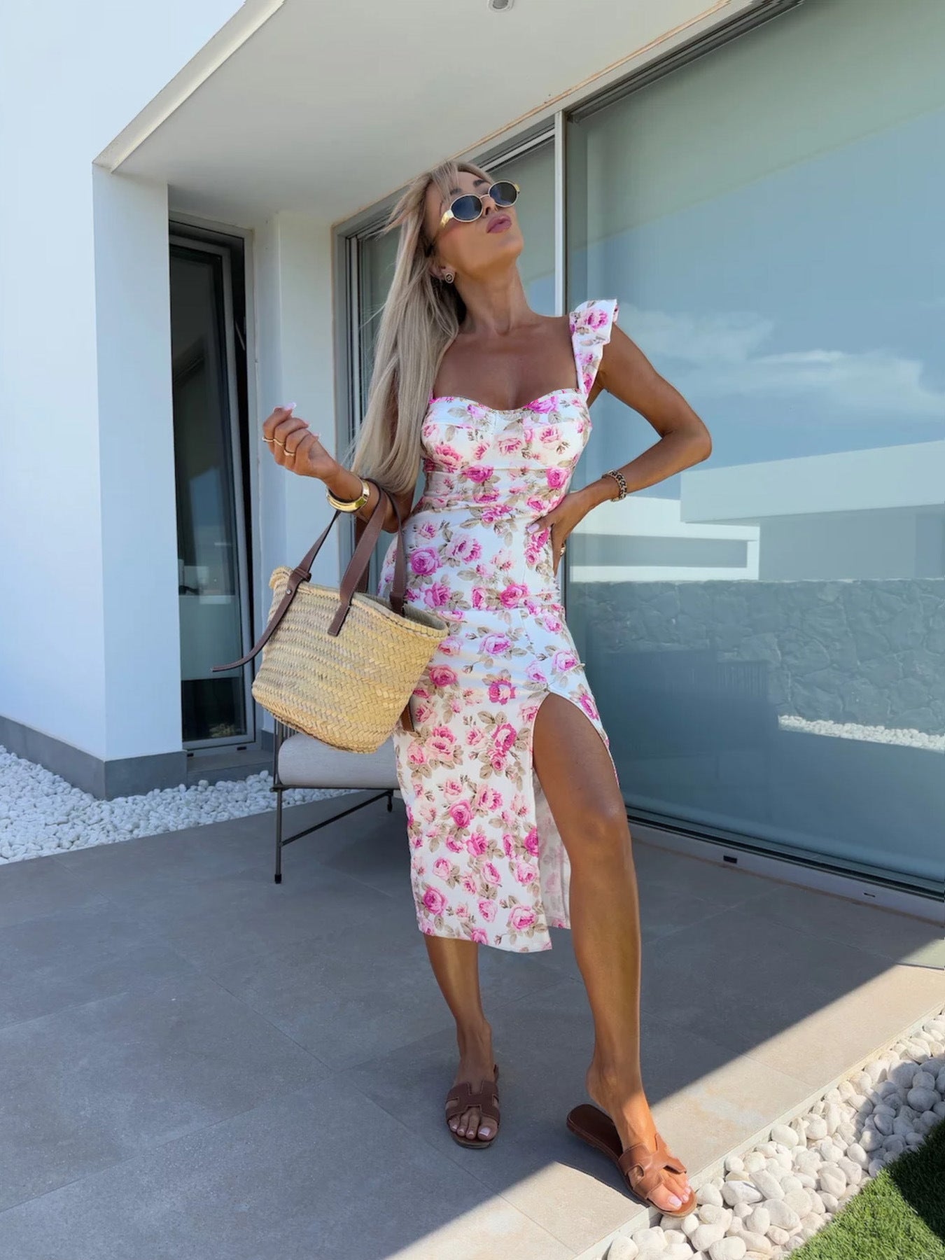 Ladies Floral Pattern Midi Dress with Side Slit Ivyshape