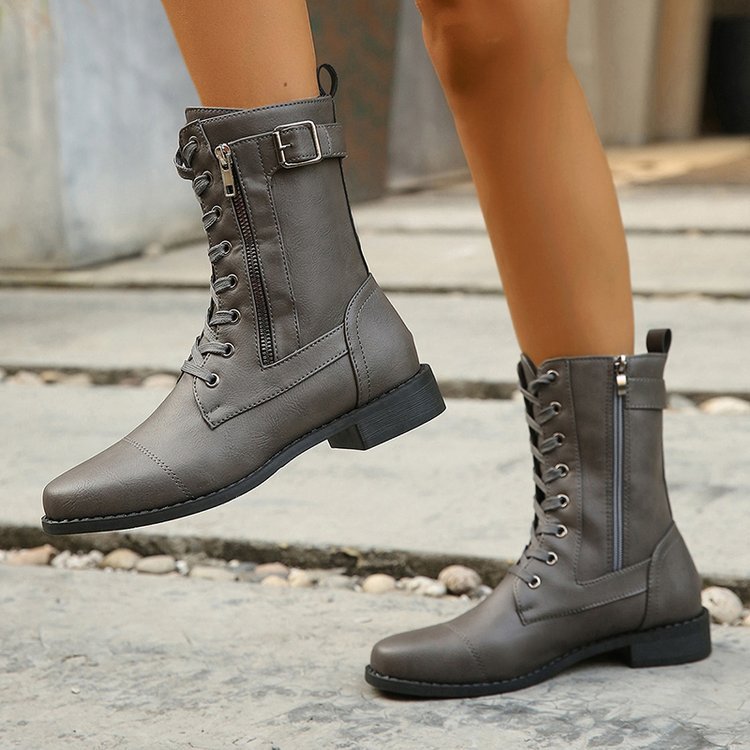 Ladies fashionable leather boots with side zipper and lacing Ivyshape