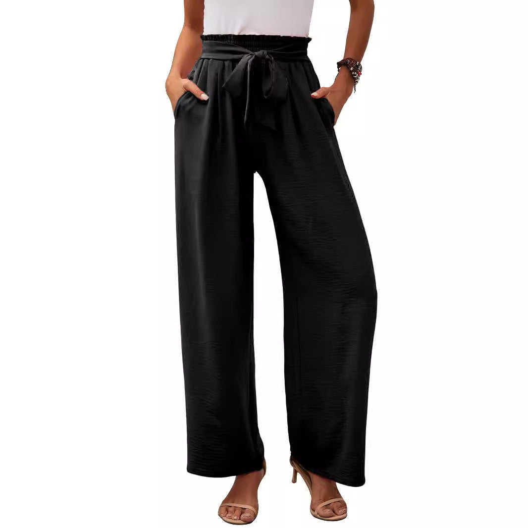 Women's Wide Fabric Trousers with Elastic Waistband and Belt Detail Ivyshape