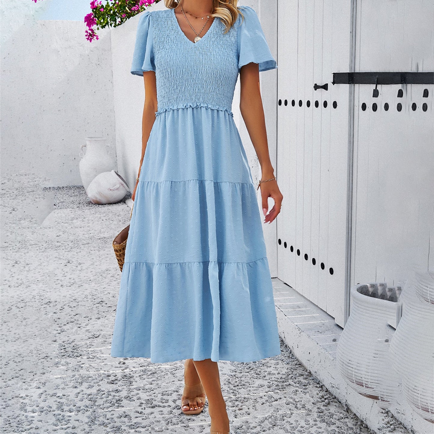 IvyShape | Casual Solid Color V-Neck Short Sleeve Dress