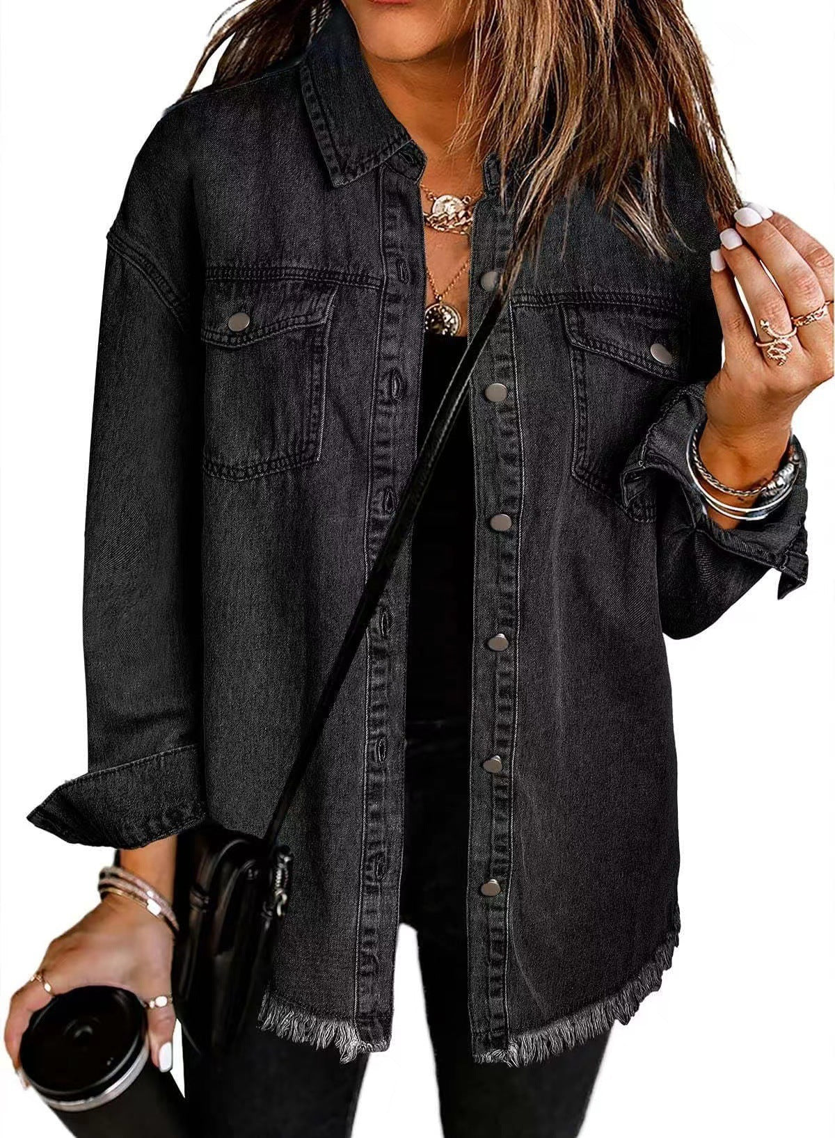 Women's Casual Denim Shirt with Frayed Hem and Practical Chest Pockets Ivyshape